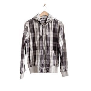 H&M L.O.G.G. Mens Hooded Jacket Kangaroo Pockets Plaid Brown Tan Small